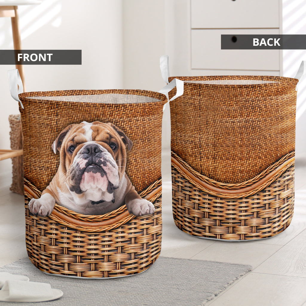 English Bulldog Dog Rattan Texture Laundry Basket For Room Home Organizer