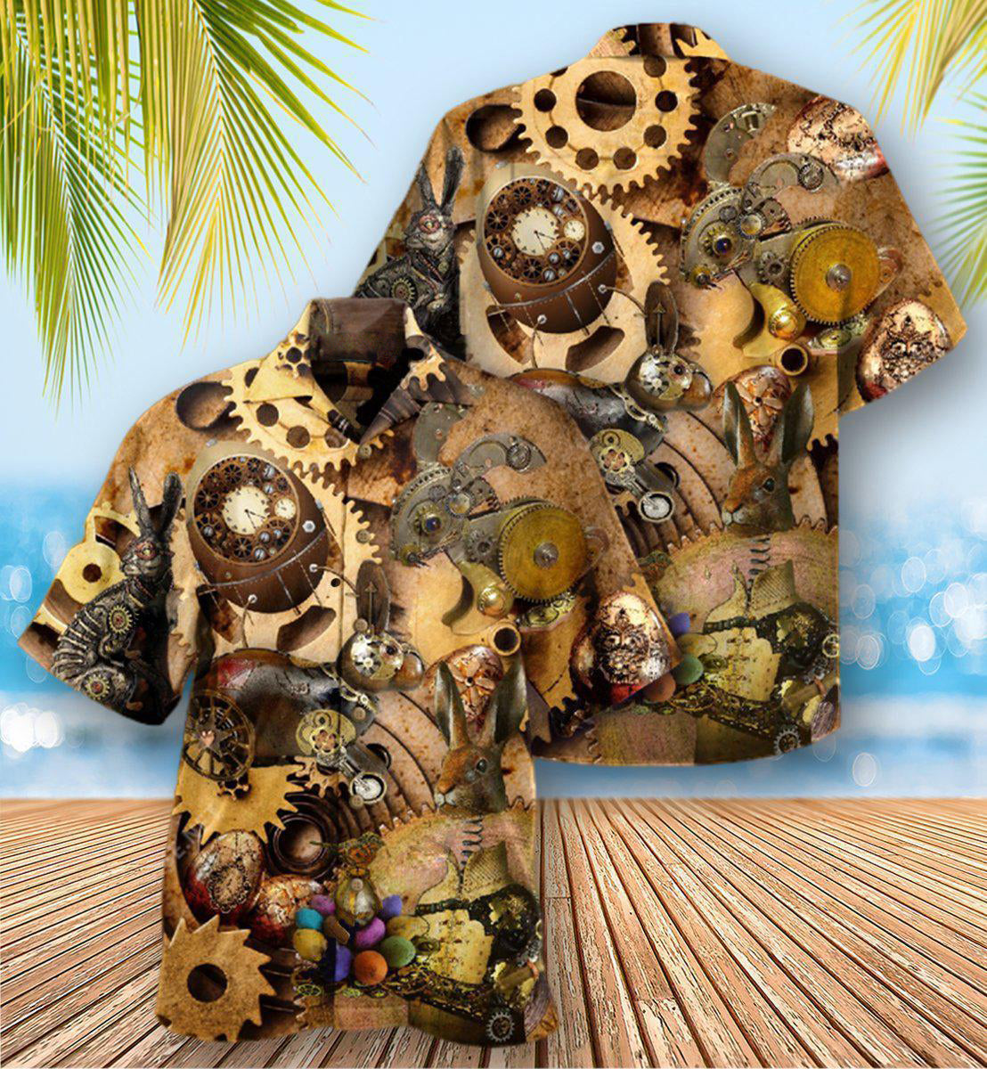 Steampunk And Easter Hawaiian Shirt With Detailed Graphic For Resort Getaways Summer Adventures And Casual Gifting