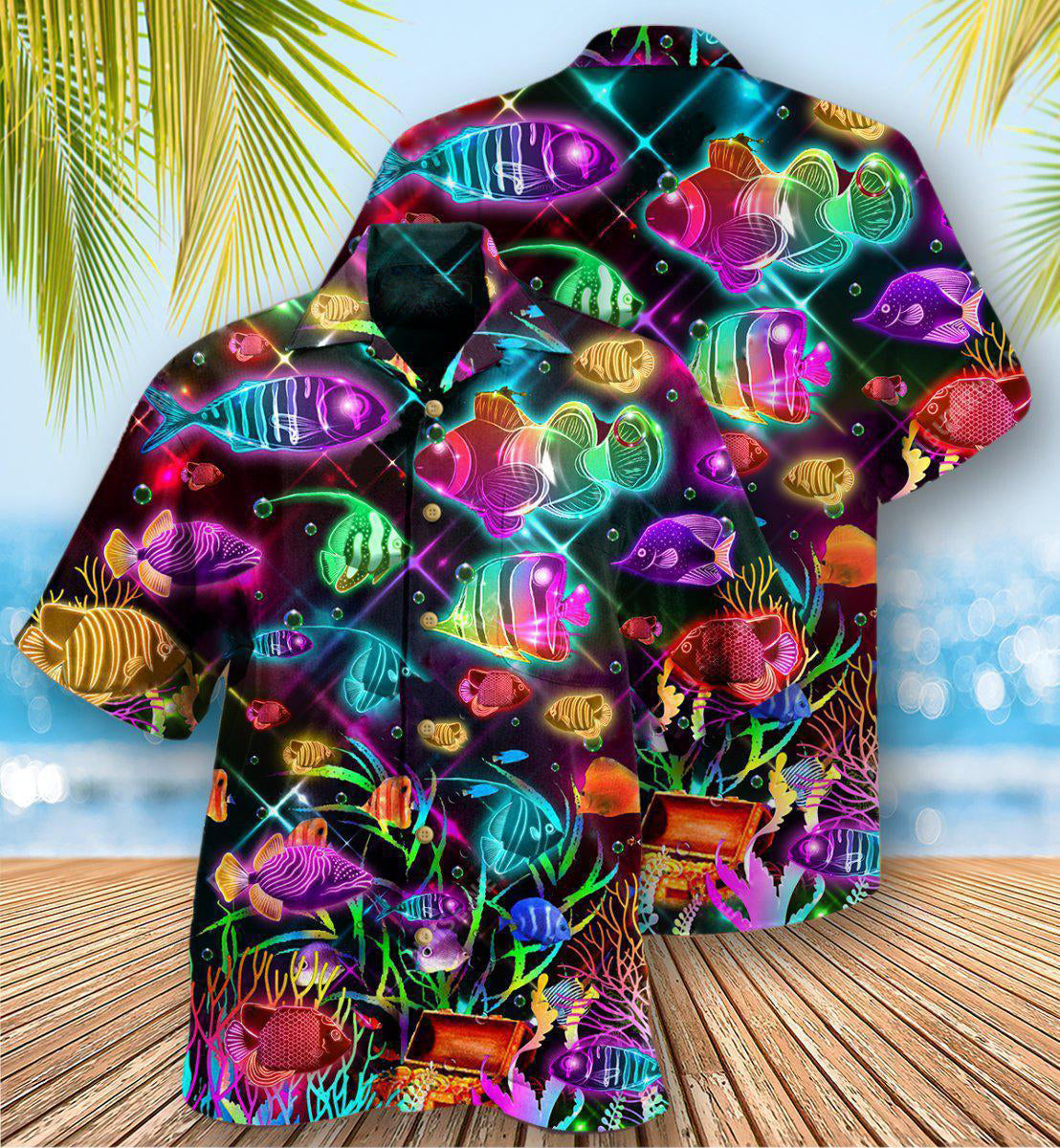 Neon Fish Even Small Hawaiian Shirt Artwork Detail For Tropical Trips And Casual Outings