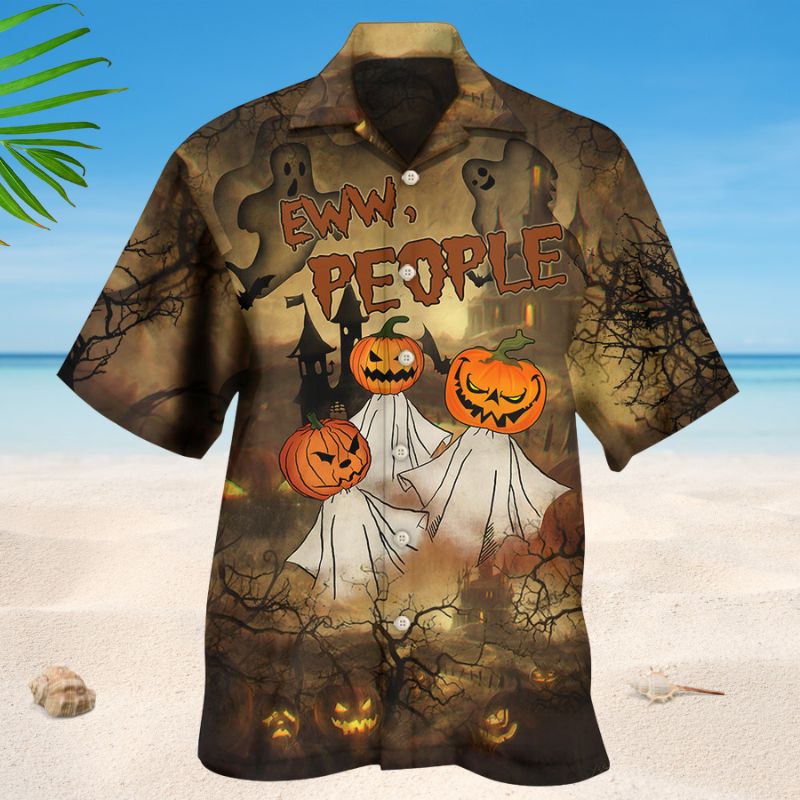 Eww People Pumpkin Ghost Hawaiian Shirt For Resort Events Seasonal Fun And Casual Warm Weather Style