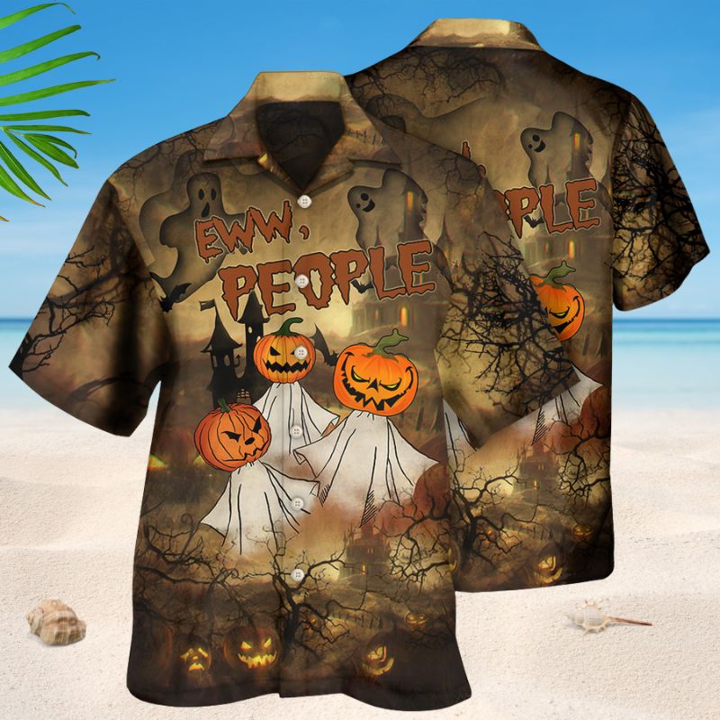 Eww People Pumpkin Ghost Hawaiian Shirt For Resort Events Seasonal Fun And Casual Warm Weather Style