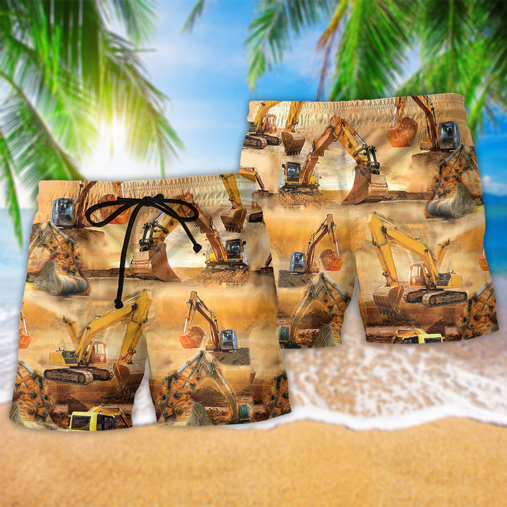Excavator Working Hard Beach Shorts Pattern Detail For Summer Adventures And Weekend Casual Style