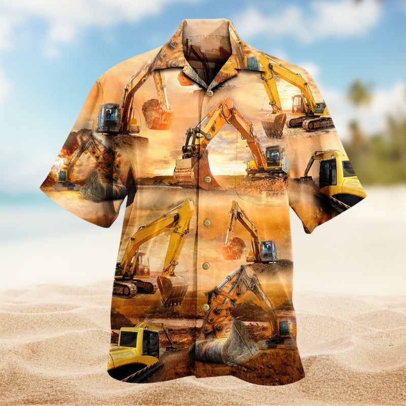 Excavator Creative Pattern Hawaiian Shirt For Summer Vacation, Beach Travel, And Casual Wear