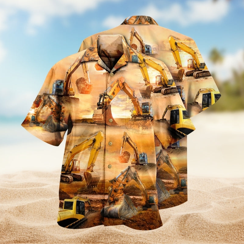 Excavator Creative Pattern Hawaiian Shirt For Summer Vacation, Beach Travel, And Casual Wear