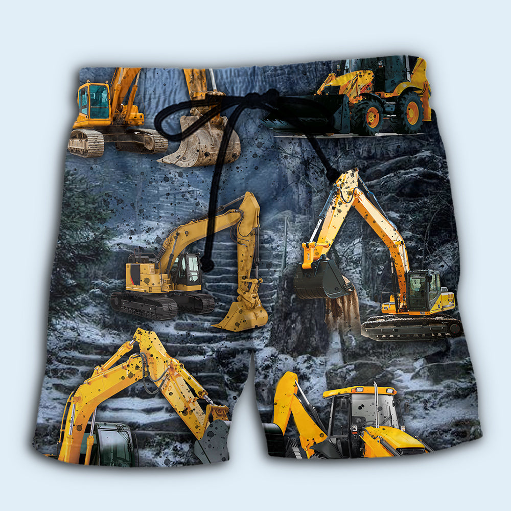 Powerful Excavator Construction Beach Shorts Print View For Coastal Escapes And Casual Outings