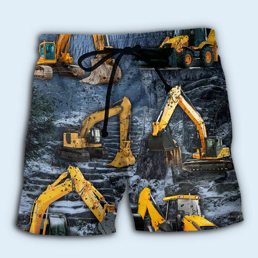 Powerful Excavator Construction Beach Shorts Print View For Coastal Escapes And Casual Outings