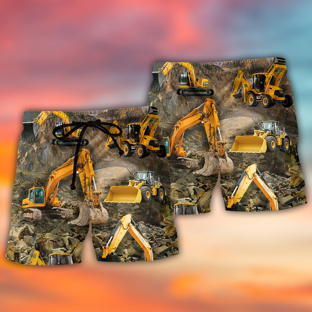 Excavator Construction Machine Beach Shorts Design View For Summer Events And Coastal Getaways