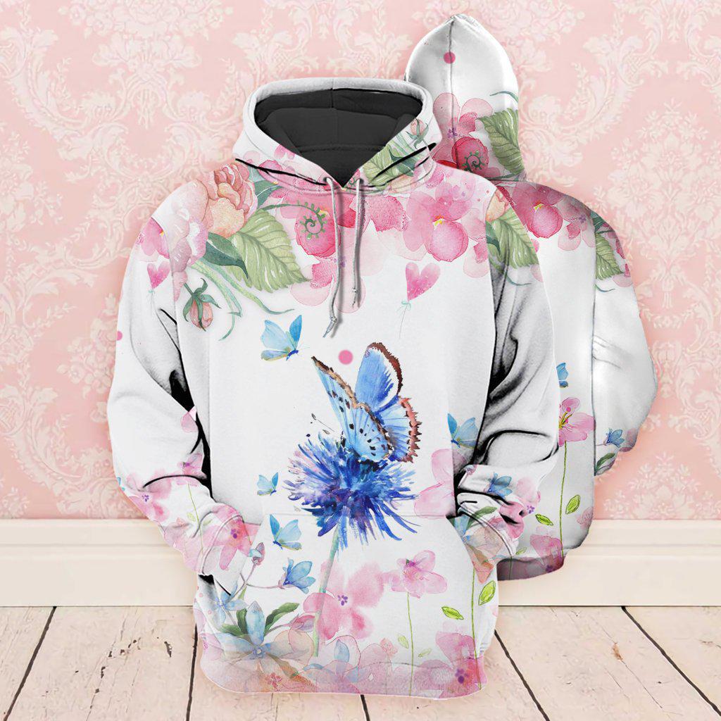 Pink Blue Flowers Love Butterfly Hoodie For Everyday Wear Outdoor Adventures And Comfortable Style