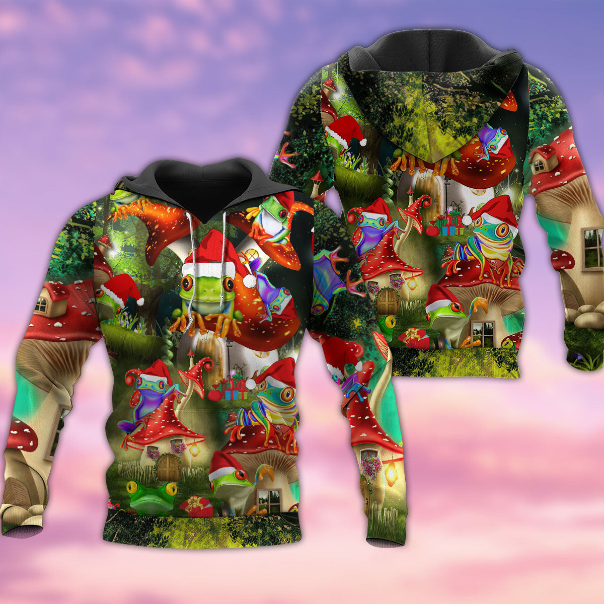 Frog Santa Tiny House Hoodie For Christmas Events Holiday Travel And Comfortable Casual Outfits