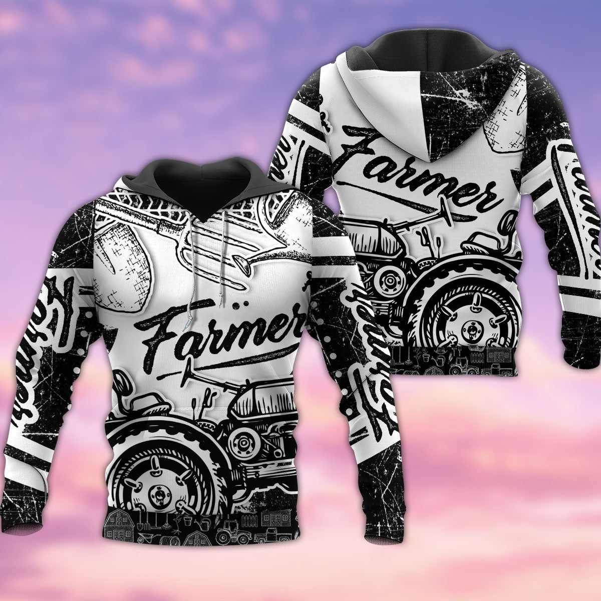 Black White Classic Farmer Hoodie For Farm Lovers Outdoor Trips And Comfortable Casual Style