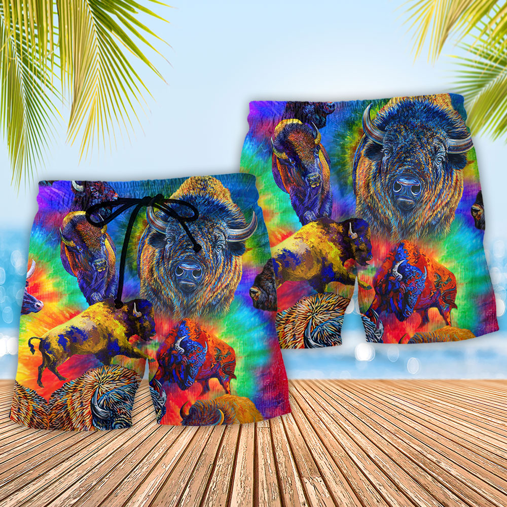Colorful Bison Wildlife Beach Shorts Pattern Detail For Cruise Vacations And Thoughtful Gift Giving