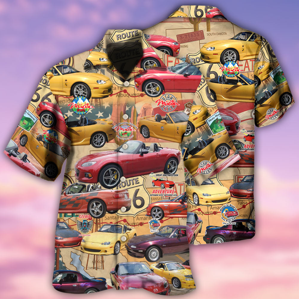 Vintage Car Road Route Hawaiian Shirt Pattern Detail For Summer Holidays And Outdoor Fun