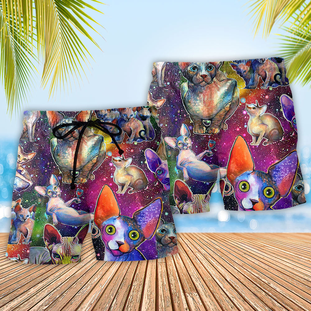 Cat Galaxy Colorful Beach Shorts Pattern Detail For Island Trips And Weekend Casual Style