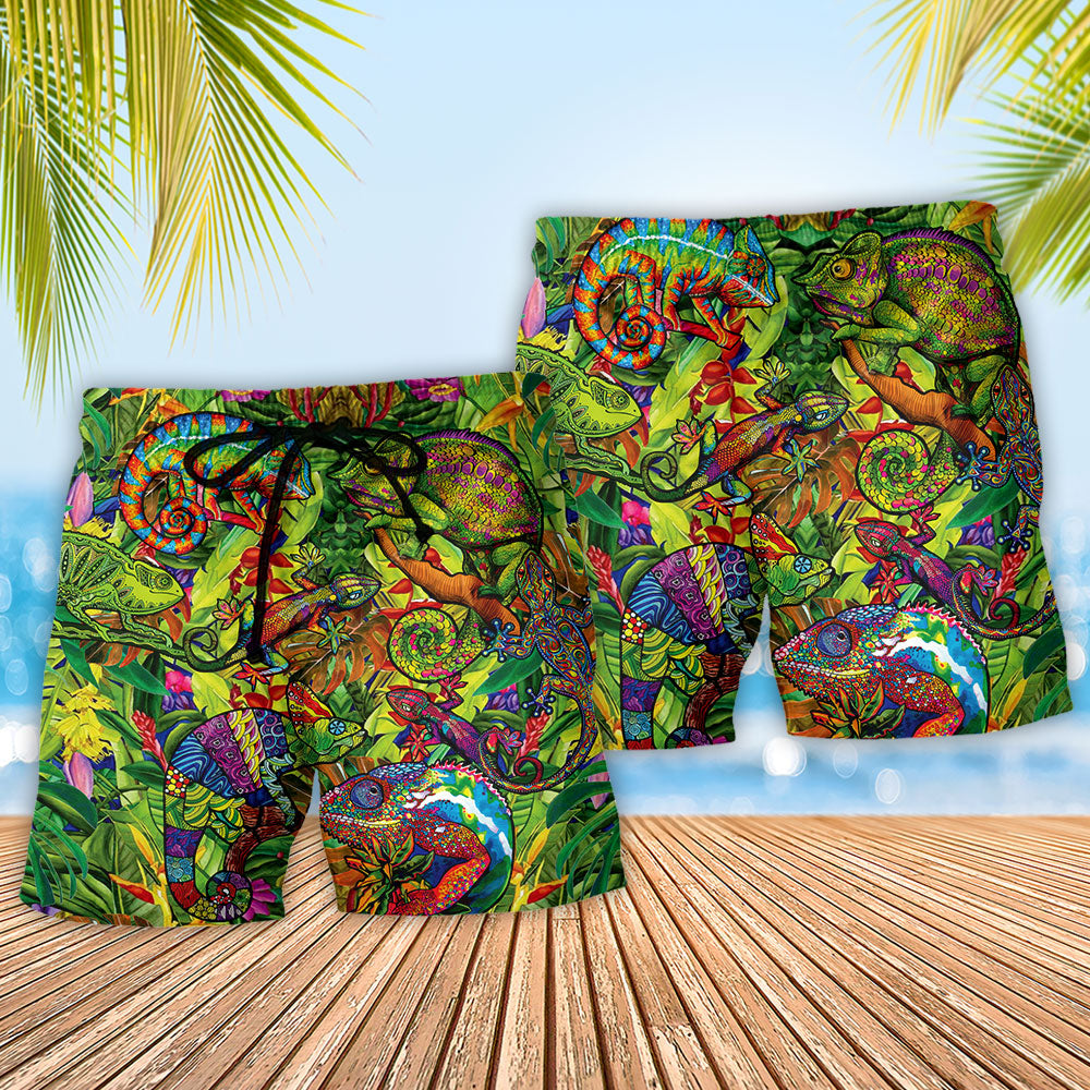 Abstract Colorful Chameleon Beach Shorts Pattern Detail For Seaside Leisure And Warm Weather Wardrobe