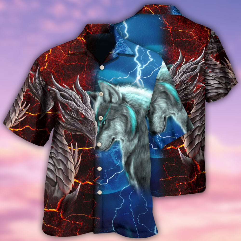 Dragon Wolf Fight Hawaiian Shirt Artwork Detail For Tropical Trips And Casual Outings