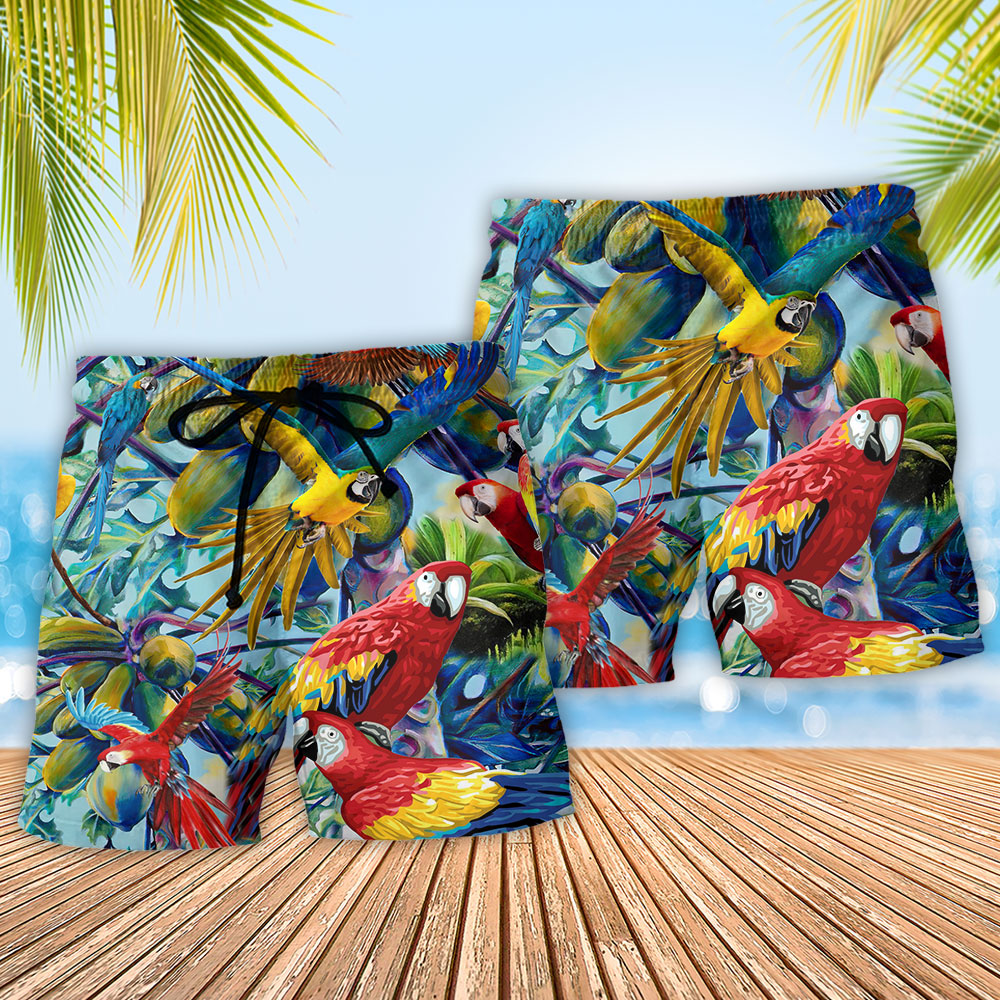 Parrot Papaya Tropical Color Beach Shorts Pattern Detail For Seaside Leisure And Weekend Casual Style