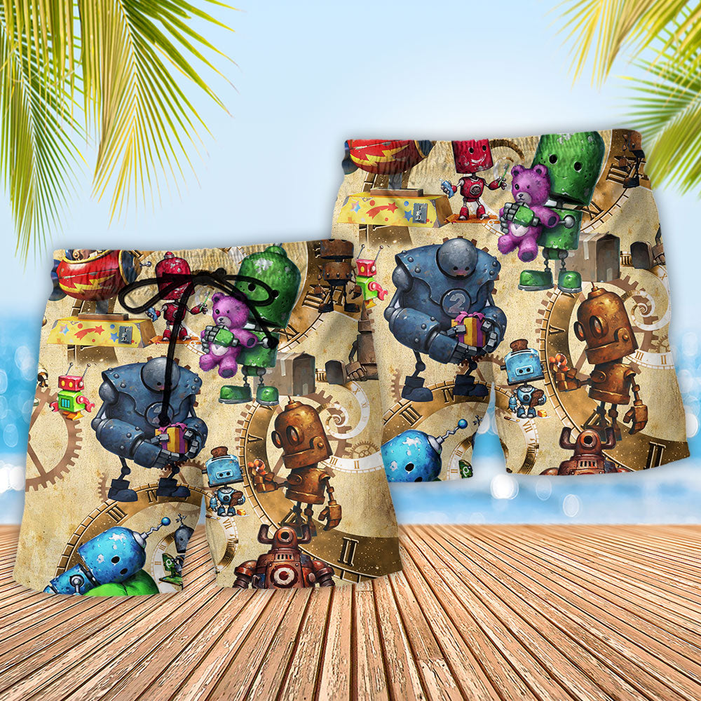 Vintage Robot Heart Beach Shorts Pattern Detail For Outdoor Activities And Travel Ready Comfort