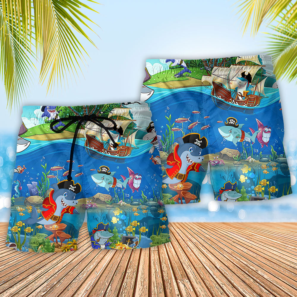 Pirate Shark Ocean Adventure Beach Shorts Pattern Detail For Casual Outings And Travel Ready Comfort
