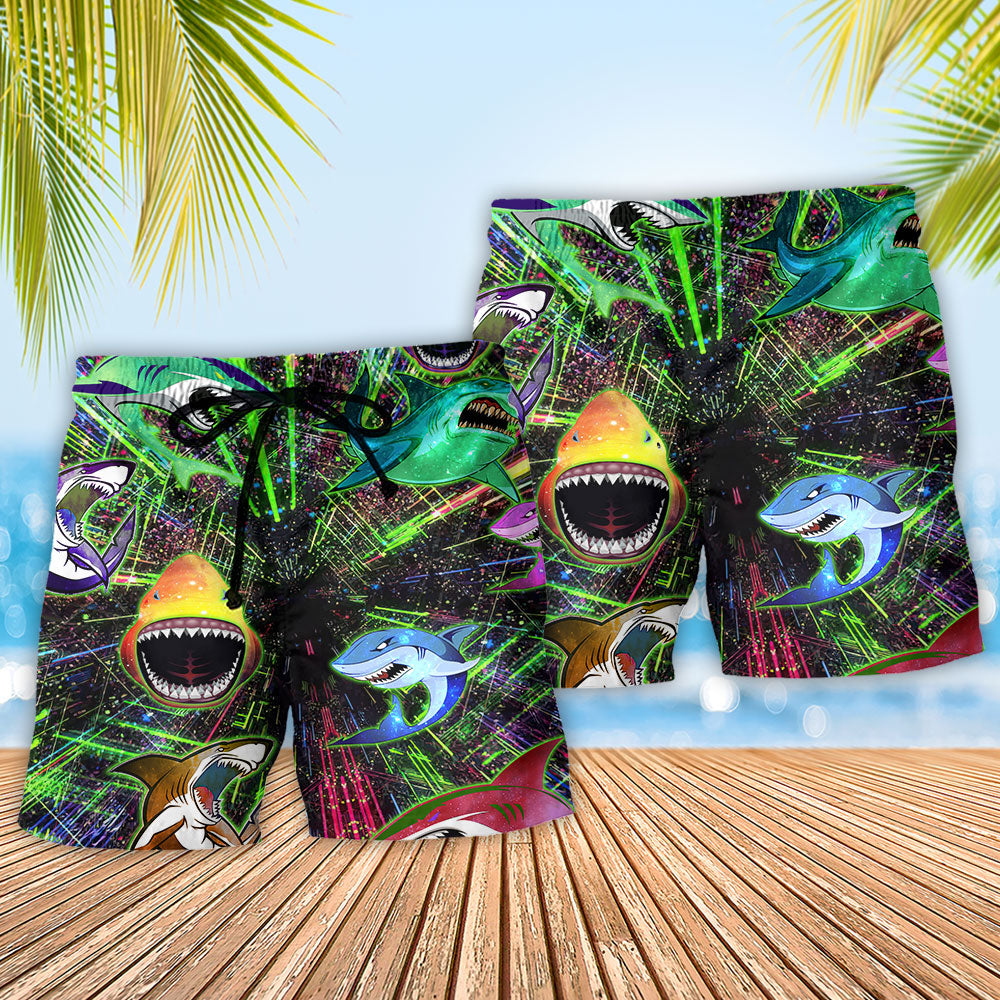 Neon Angry Shark Beach Shorts Pattern Detail For Holiday Travel And Vacation Ready Style