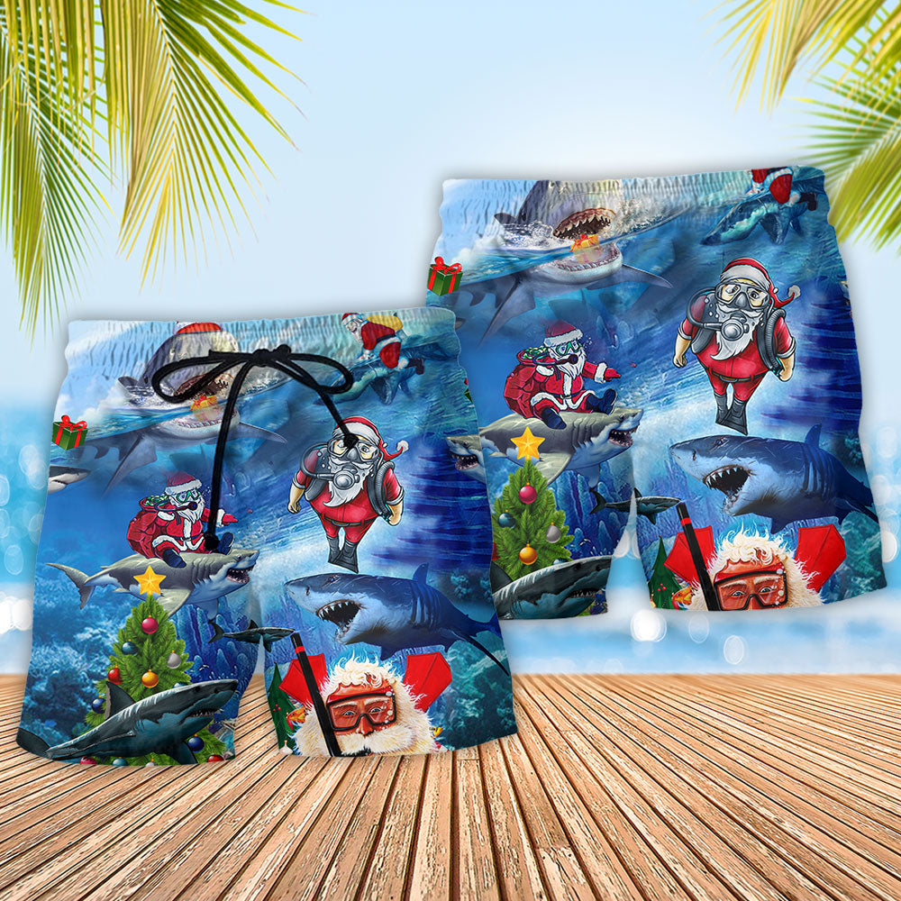 Shark Santa American Christmas Beach Shorts Pattern Detail For Beachside Relaxation And Casual Outdoor Comfort