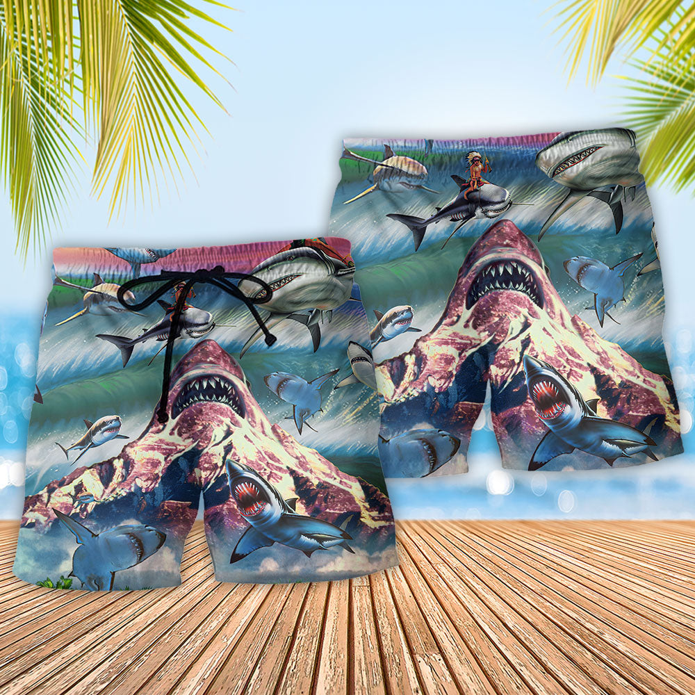 Shark Sunset Coastal Beach Shorts Pattern Detail For Everyday Outings And Leisure And Relaxation