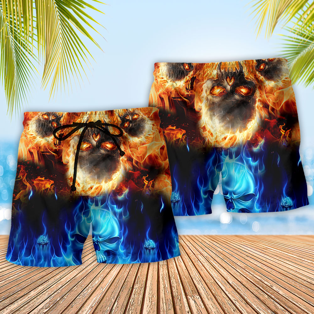 Burning Fire Skull Dark Beach Shorts Pattern Detail For Holiday Travel And Relaxed Casual Style