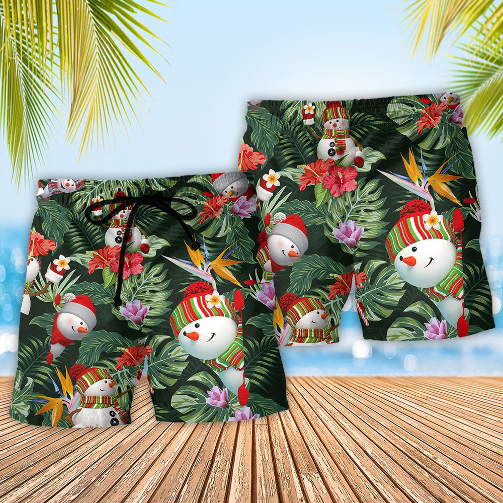 Floral Snowman Beach Shorts Pattern Detail For Coastal Travel And Relaxed Casual Style