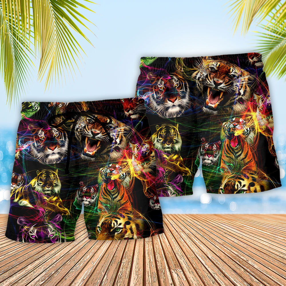 Neon Tiger Wildlife Beach Shorts Pattern Detail For Casual Outings And Memorable Gift Ideas
