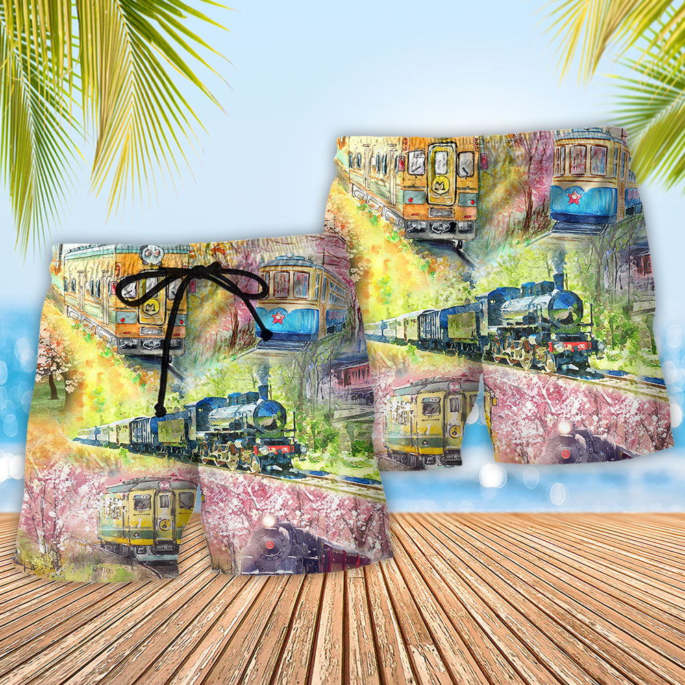 Floral Train Beach Shorts Pattern Detail For Vacation Style And Comfortable Daily Wear