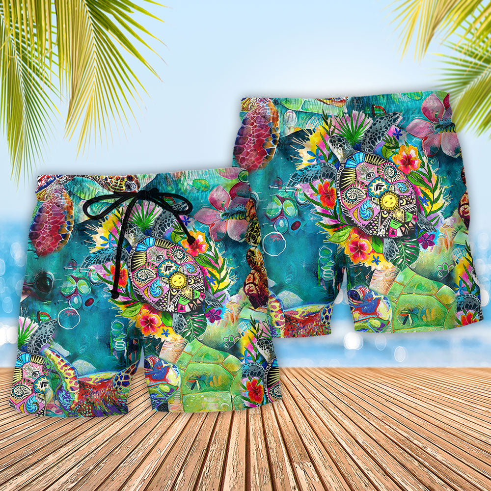 Colorful Turtle Sea Beach Shorts Pattern Detail For Coastal Leisure And Flexible Everyday Wear