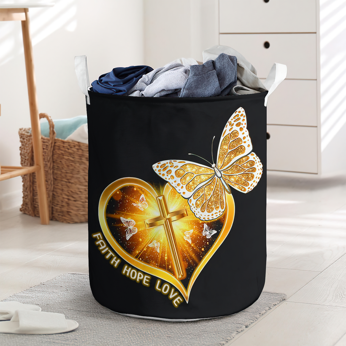 Faith Hope Love Butterfly Laundry Basket For Bathroom Bedroom Storage