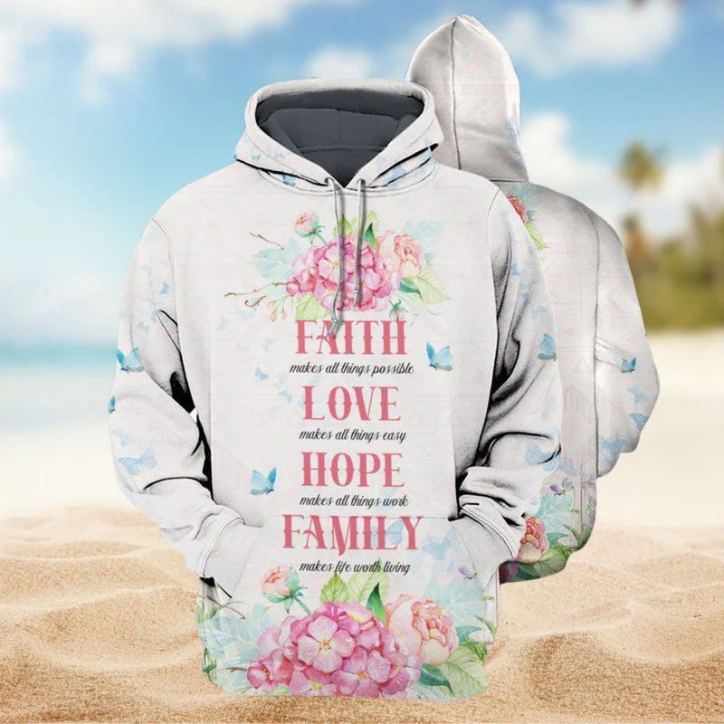 Floral Faith Love Hope Family Hoodie For Community Gatherings Seasonal Outings And Relaxed Comfort