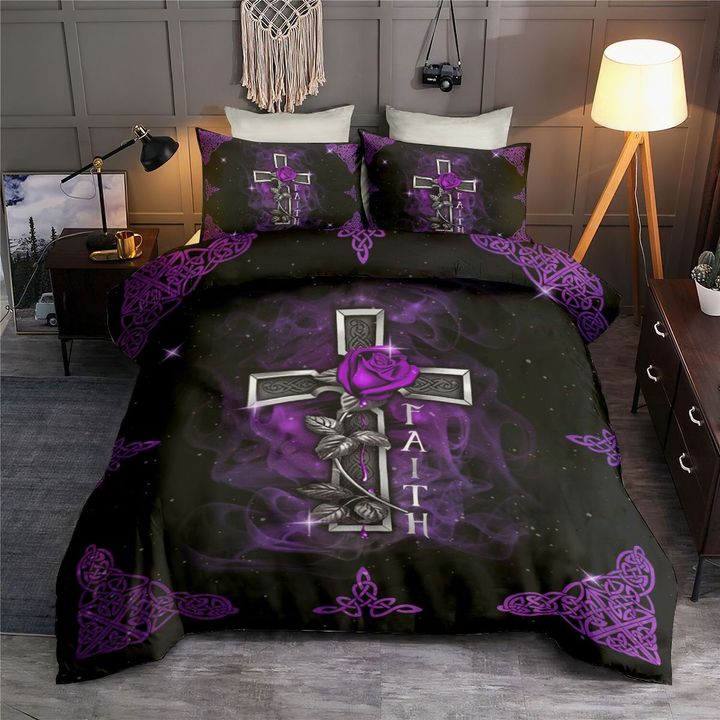Jesus Faith Purple Cross Purple Rose Christian Love Bedding Cover For Faith Bedroom Decor