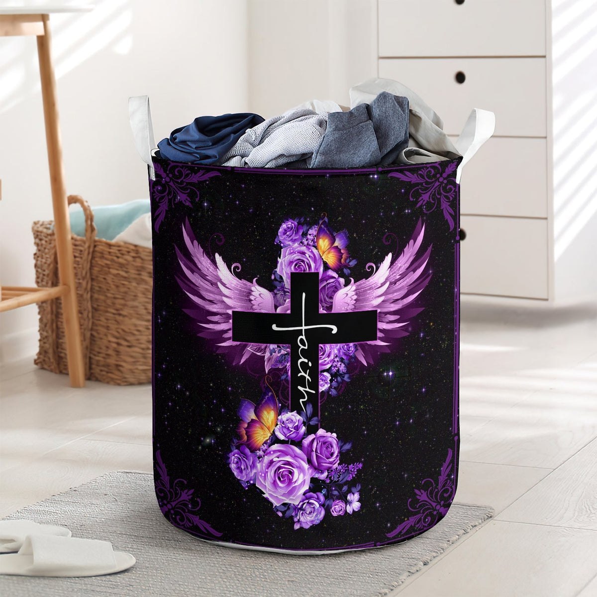 Faith Rose Butterfly Purple Christian Laundry Basket For Bathroom Bedroom Storage