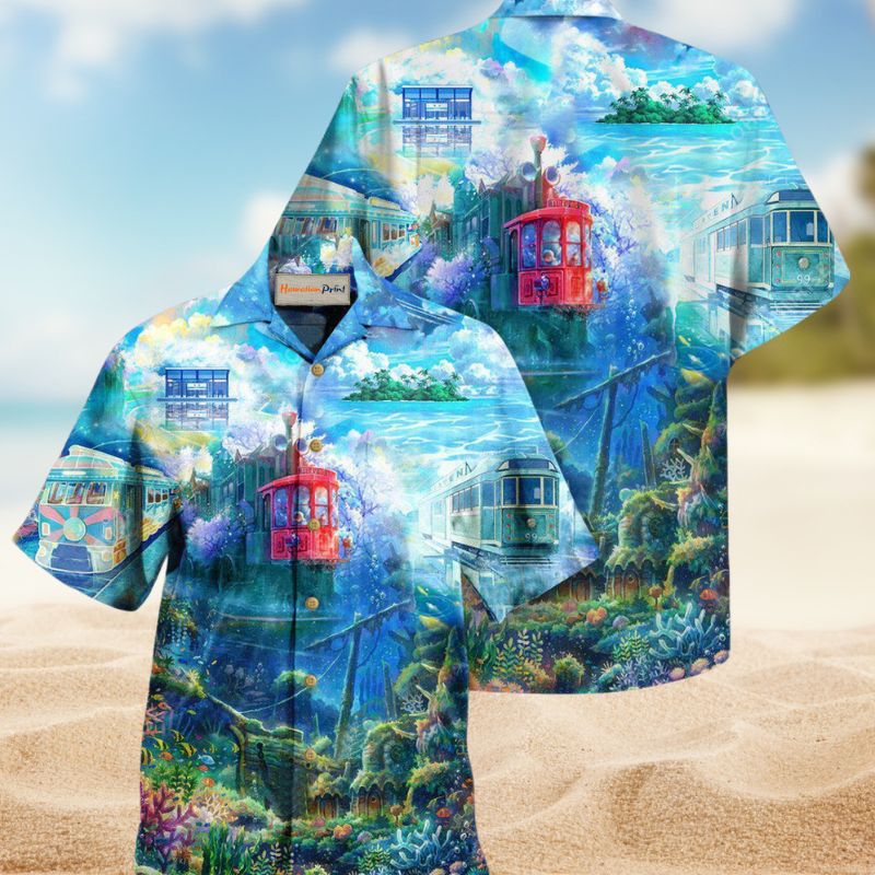 Fantasy Train On The Ocean Hawaiian Shirt For Summer Events Artistic Themes And Relaxed Casual Style