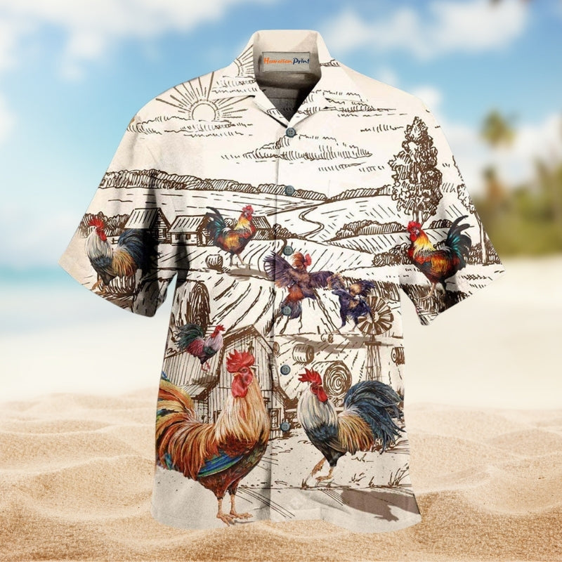 Farmer Rooster Pattern Hawaiian Shirt For Outdoor Gatherings Skilled Workers And Casual Summer Style