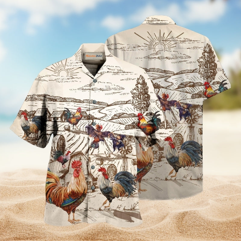 Farmer Rooster Pattern Hawaiian Shirt For Outdoor Gatherings Skilled Workers And Casual Summer Style