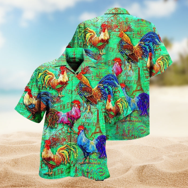 Farm Chicken Green Hawaiian Shirt For Summer Vacation, Beach Travel, And Casual Wear