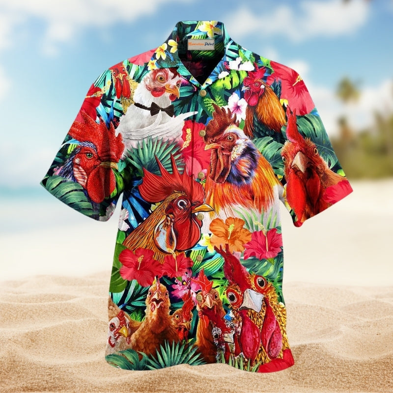 Tropical Funny Surfing Chicken Hawaiian Shirt Artwork View For Outdoor Gatherings
