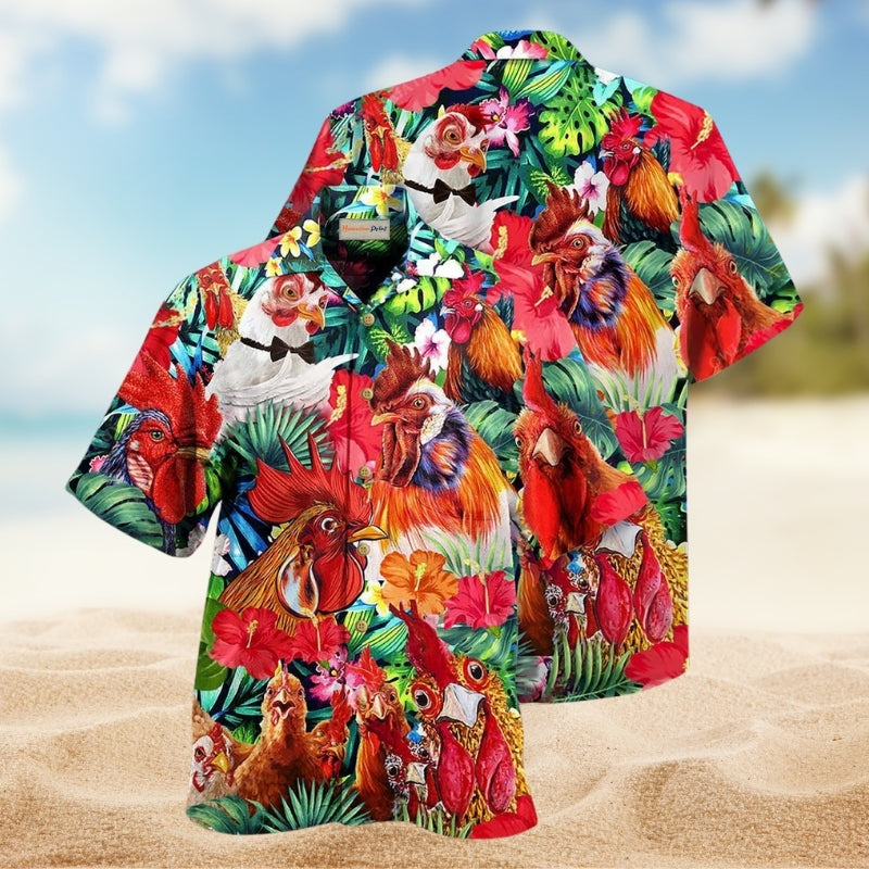 Tropical Funny Surfing Chicken Hawaiian Shirt Pattern Detail For Vacation Style