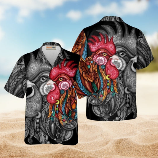 Farm Rooster Black And Color Hawaiian Shirt For Summer Vacation Beach Travel And Relaxed Casual Wear