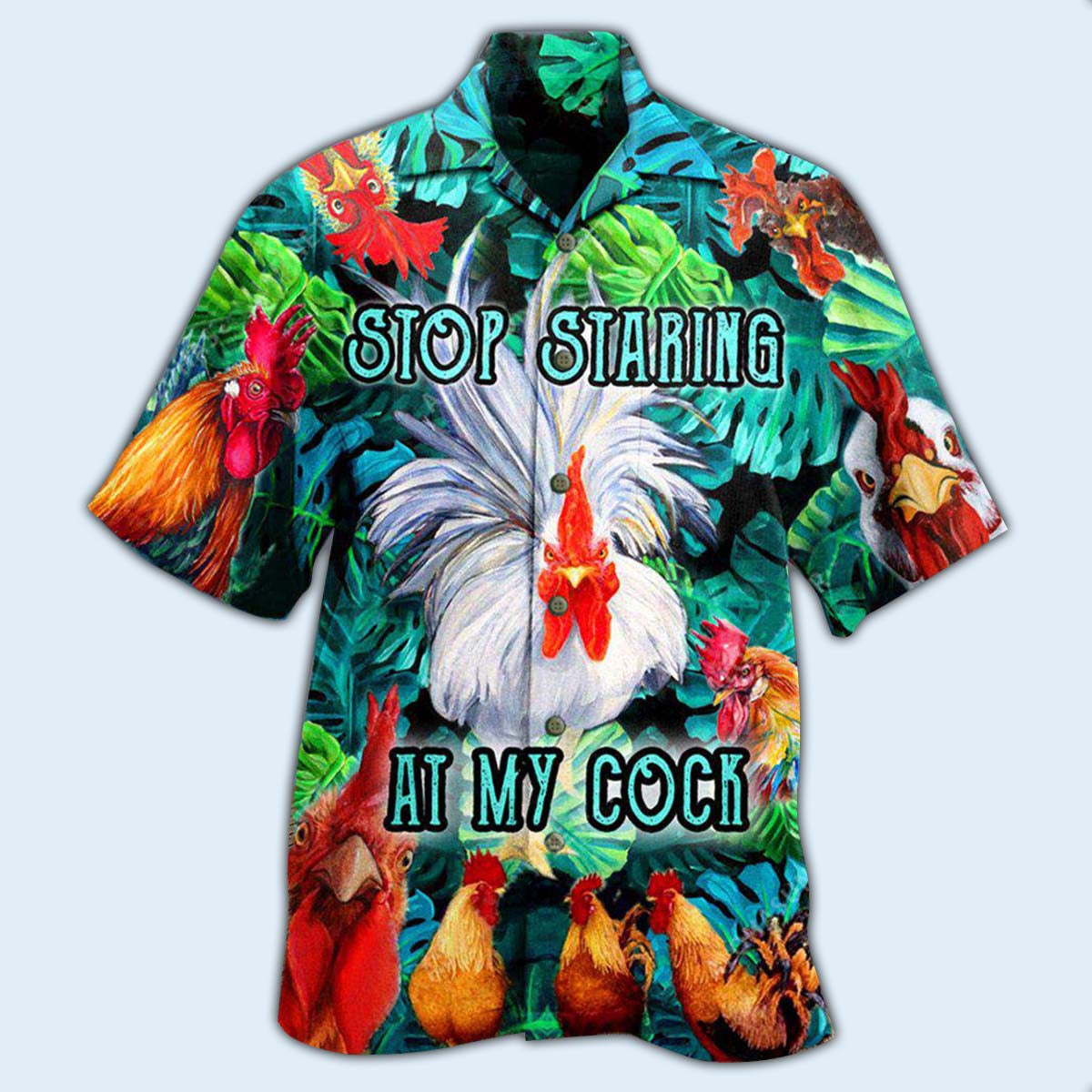 Funny Vintage Rooster Stop Staring Humor Hawaiian Shirt Artwork Detail For Tropical Trips And Casual Outings
