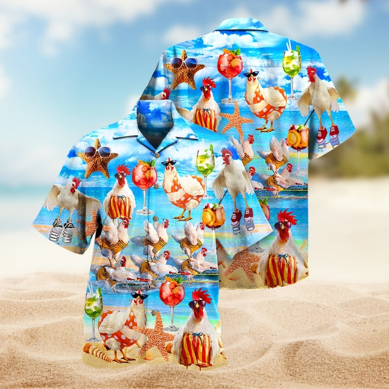Farm Chickens Beach Hawaiian Shirt For Summer Vacation, Beach Travel, And Casual Wear