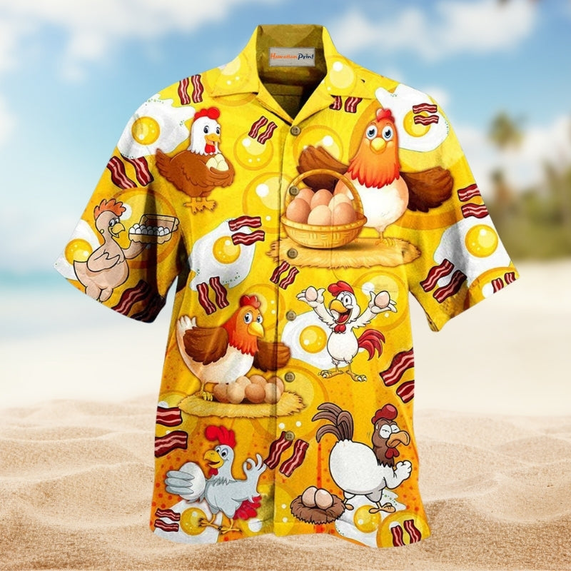 Farm Chickens Breakfast Humor Hawaiian Shirt For Summer Vacation Beach Travel And Relaxed Casual Wear