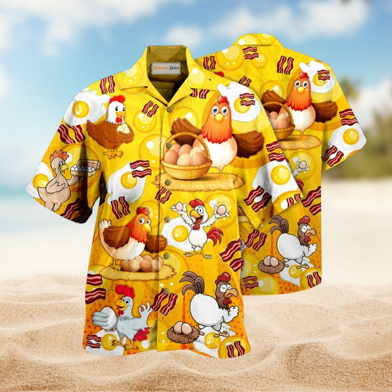 Farm Chickens Breakfast Humor Hawaiian Shirt For Summer Vacation Beach Travel And Relaxed Casual Wear