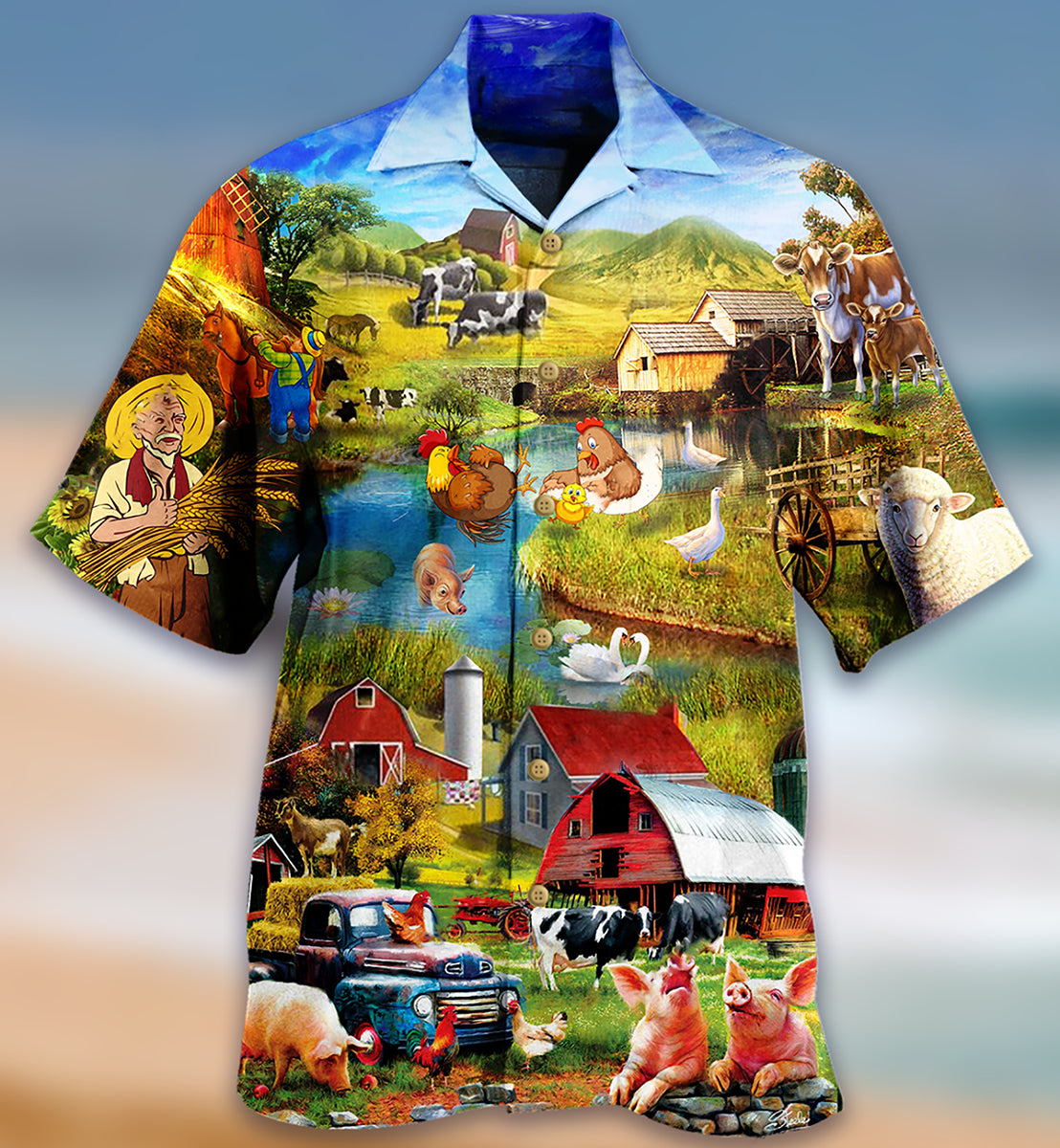 Farm Animals Village Hawaiian Shirt Pattern Detail For Summer Holidays And Outdoor Fun