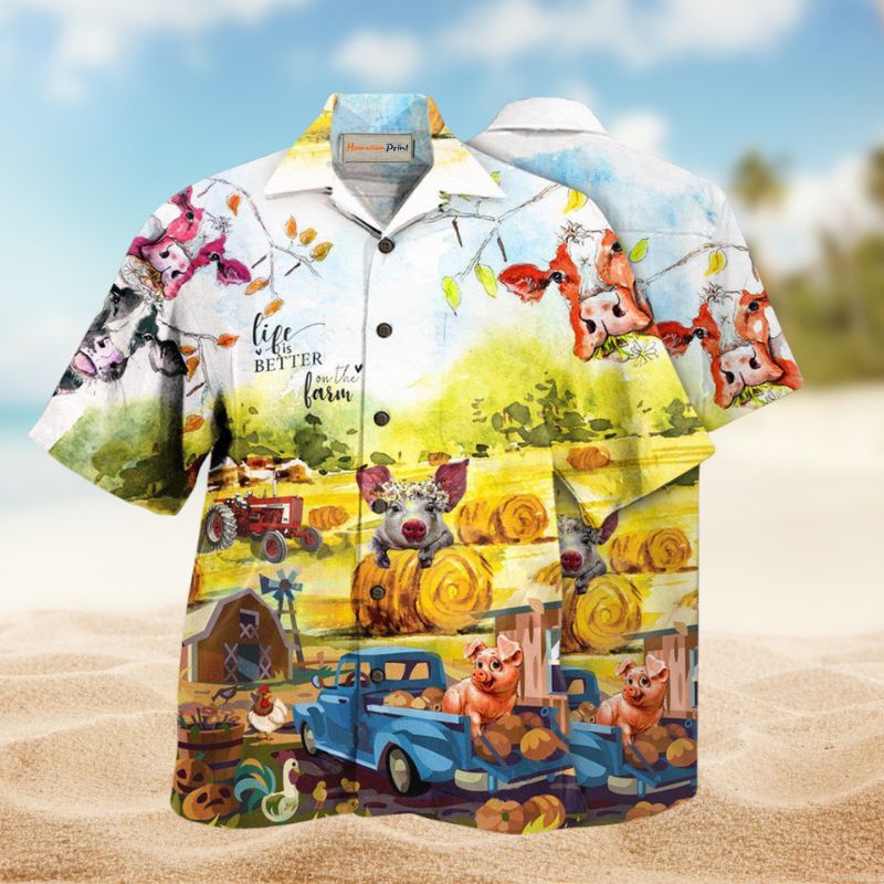 Farmer Happy With Cow And Pig Hawaiian Shirt For Summer Vacation Beach Travel And Relaxed Casual Wear
