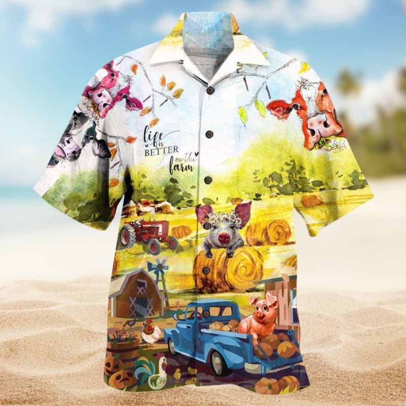 Farmer Happy With Cow And Pig Hawaiian Shirt For Summer Vacation Beach Travel And Relaxed Casual Wear