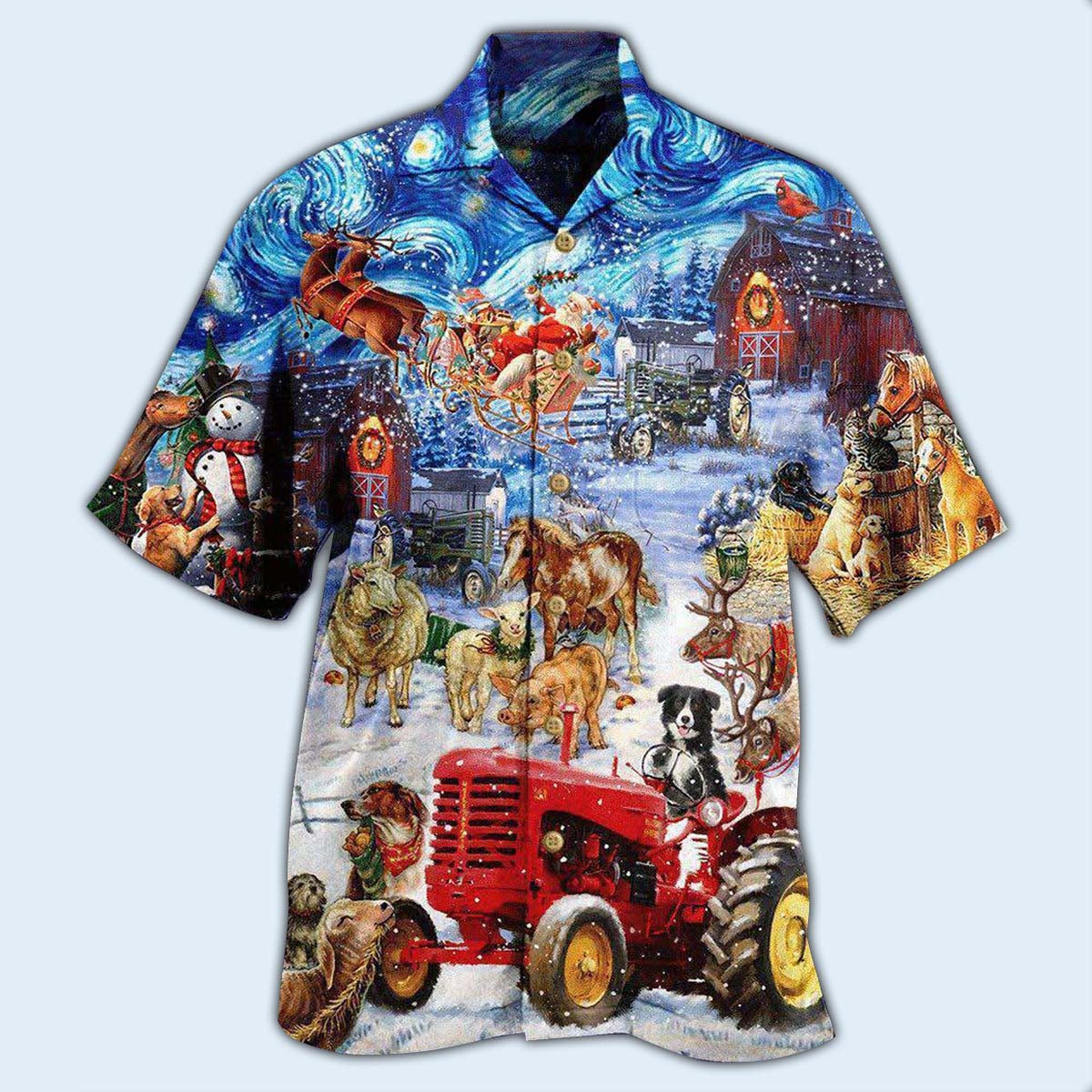 Festive Farm Christmas Hawaiian Shirt Pattern Detail For Summer Holidays And Outdoor Fun