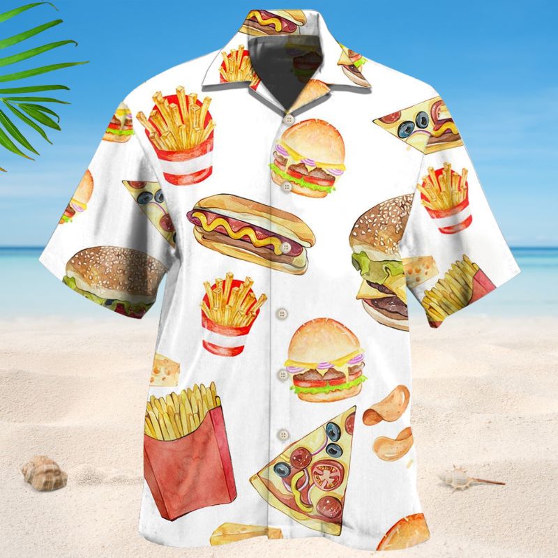 Fast Food White Hawaiian Shirt For Tropical Holidays, Outdoor Gatherings, And Everyday Comfort